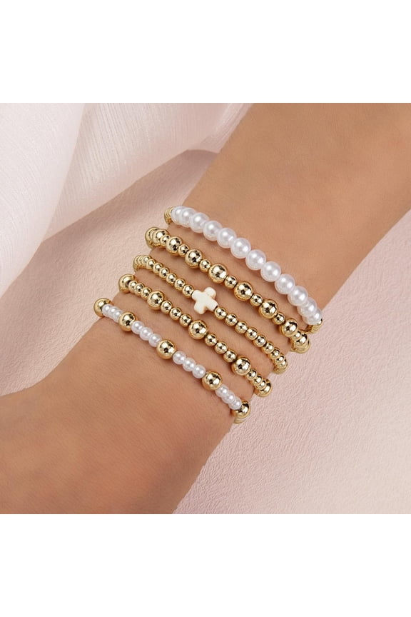 Women Gold Beaded Ball Bracelets Stacking Set Adjustable Pearl 5 Piece Set