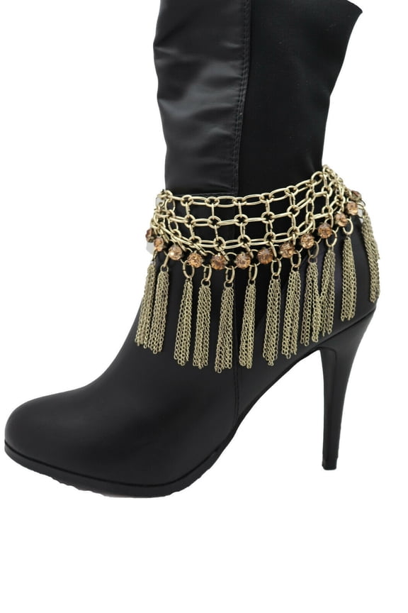 Women Gold Chain Fringes Tassel Web Western Boot Band Bracelet Shoe Wide Charm