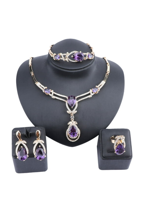 Women Gold Color Purple Zircon Crystal African Beads Necklace Bracelet Earring Ring Saudi Jewelry Set Party Bridal Decoration