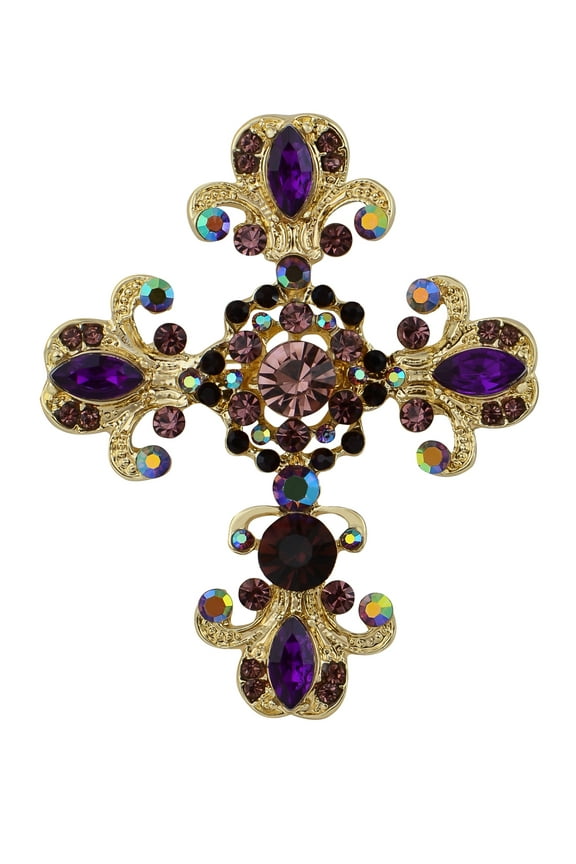 Women Gold Cross Antique Gorgeous Purple Rhinestones Faith Roman Catholic Victorian Saint Brooch, Purple/Gold