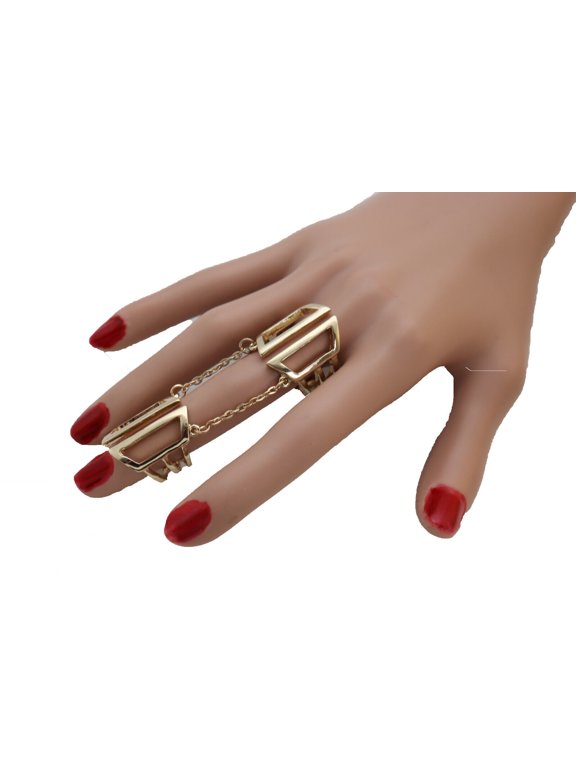 Women Gold Cuff Ring Metal Chain Finger Double Weekend Wear Jewelry One Size