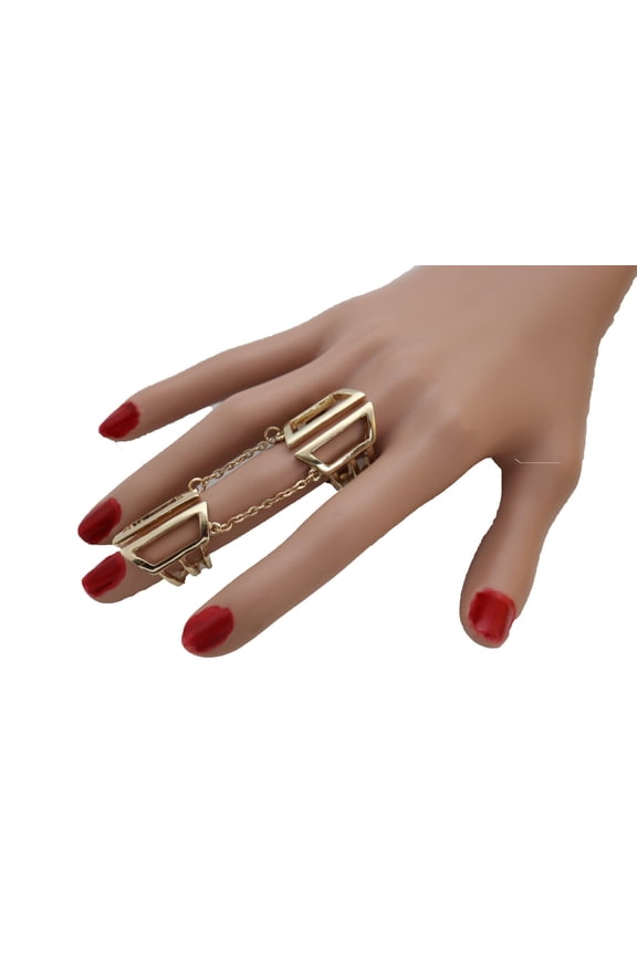 Women Gold Cuff Ring Metal Chain Finger Double Weekend Wear Jewelry One Size