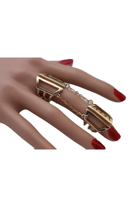 Women Gold Cuff Ring Metal Long Finger Double Fashion Adjustable Band