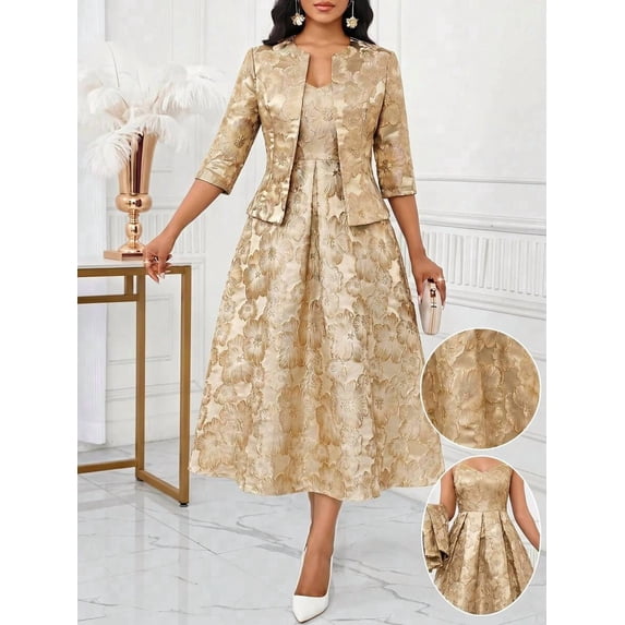 Women Gold Jacquard Floral 2-Piece Suit Elegant Pleated Midi Dress