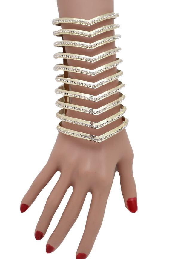 Women Gold Metal Bling Long Cuff Bracelet Fancy Chevron Wonder Popstar Fashion