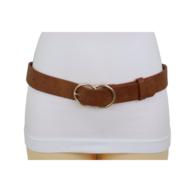 Women Gold Metal Buckle Chocolate Brown Faux Leather Belt L  display picture 3