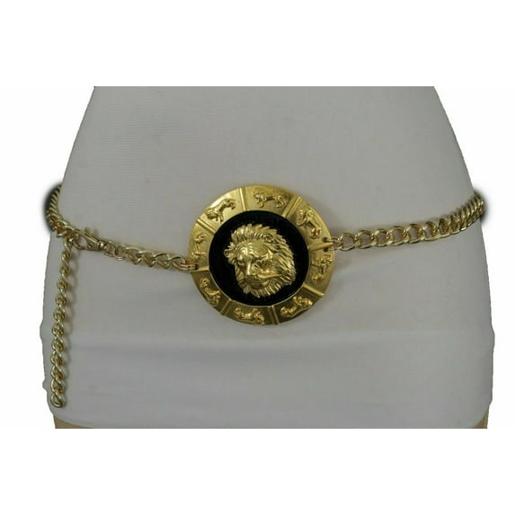 Women Gold Metal Chain Belt Big Lion Medallion Buckle Size XS S M