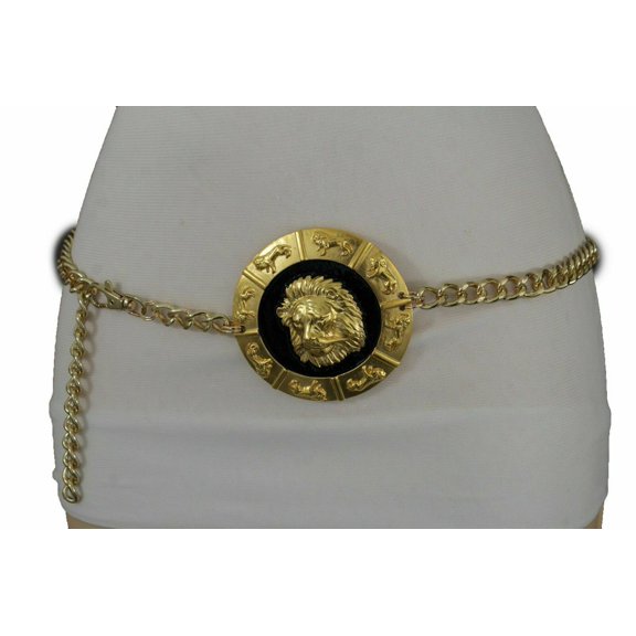 Women Gold Metal Chain Belt Big Lion Medallion Buckle Size XS S M