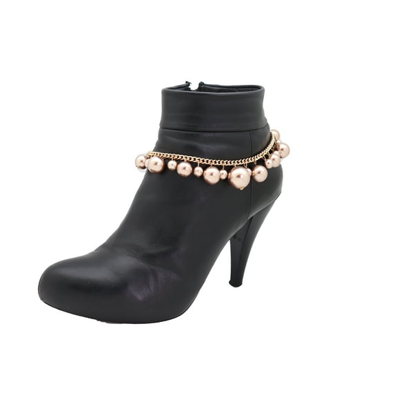 Women Gold Metal Chain Boot Bracelet Anklet Shoe Bronze Pearl Bead Charm