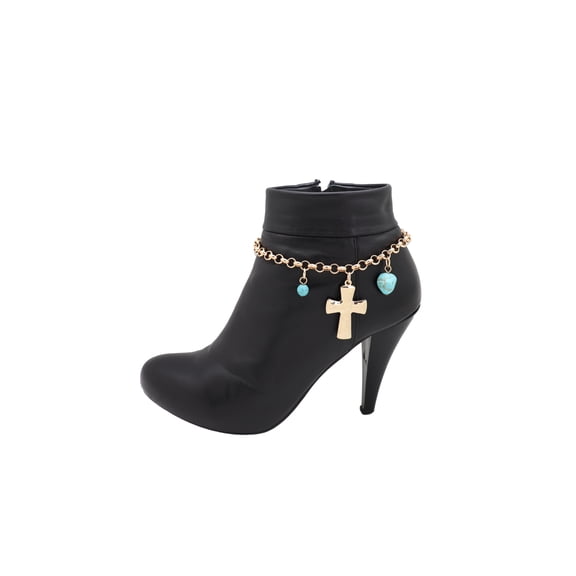 Women Gold Metal Chain Boot Bracelet Anklet Shoe Cross Charm Turquoise Blue
