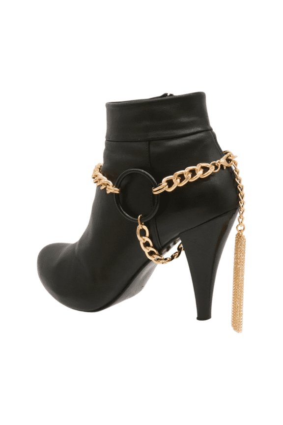 Women Gold Metal Chain Boot Bracelet Shoe Black Circle Charm Tassel Biker Accessory