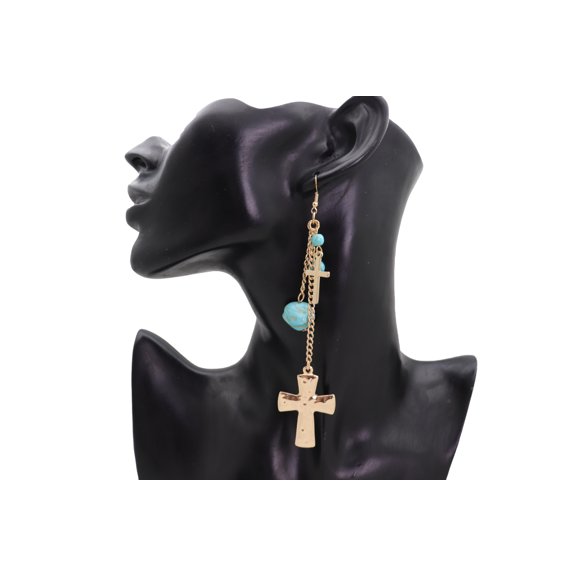 Women Gold Metal Chain Earrings Set Cross Turquoise Beads Jewelry