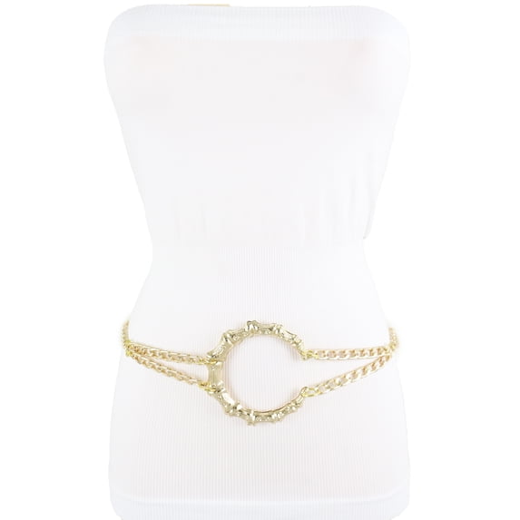 Women Gold Metal Chain Links Big Bamboo Ring Cuff Charm Buckle Fashion Belt M L XL
