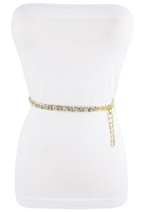 Women Gold Metal Chain Links Silver Mesh Fabric Beads Fashion Belt XS S M