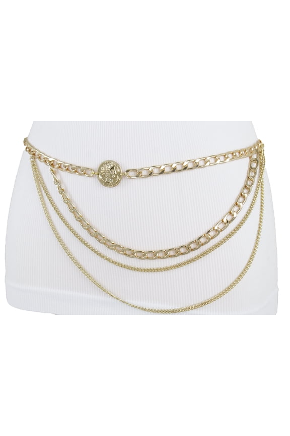 Women Gold Metal Chain Waves Greek Coin Charm Belt M L XL