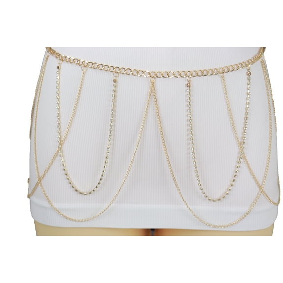Women Gold Metal Chain Waves High Waisted Belt Silver Bling S M