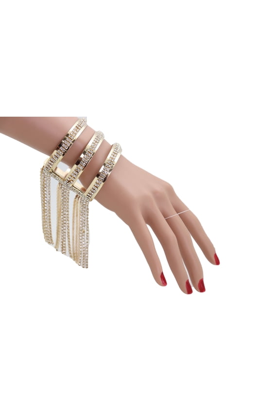 Women Gold Metal Cuff Bracelet Bling Tassel Fringes Jewelry