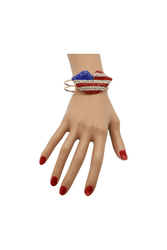 Women Gold Metal Cuff Bracelet Bling USA Flag Kiss Lips Jewelry