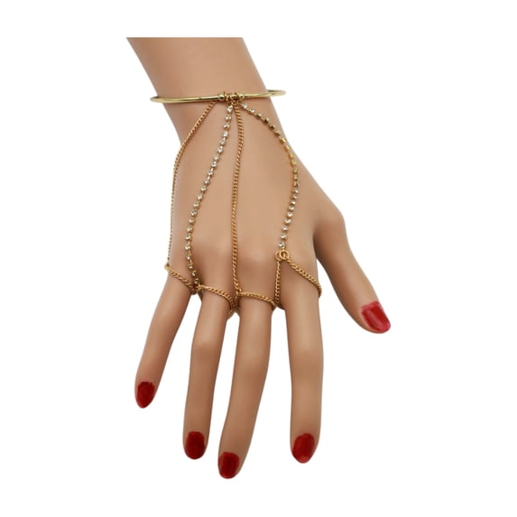 Women Gold Metal Cuff Bracelet Hand Chain Bling Ring Finger Wedding Bridal Look