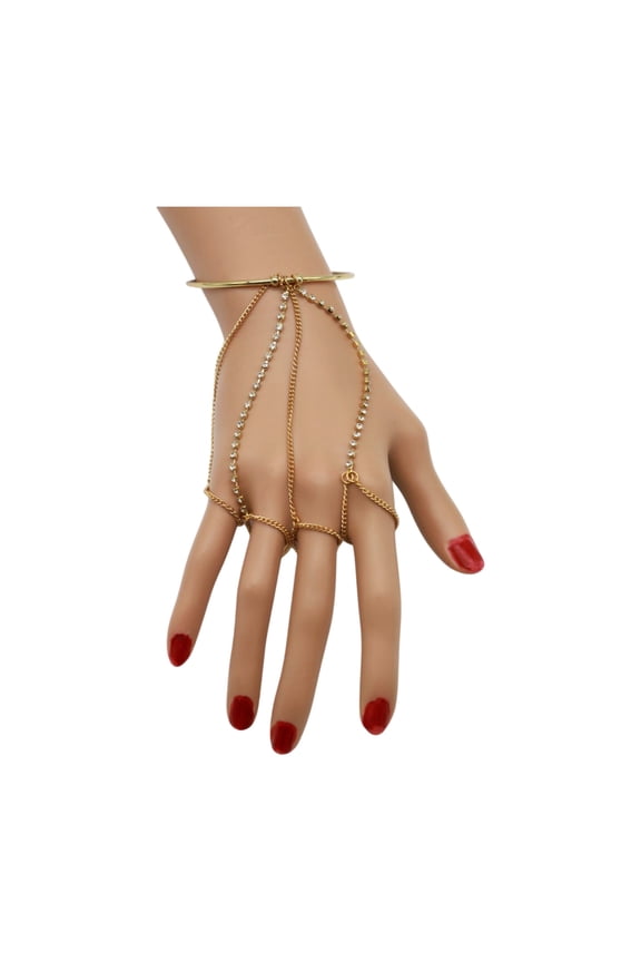 Women Gold Metal Cuff Bracelet Hand Chain Bling Ring Finger Wedding Bridal Look