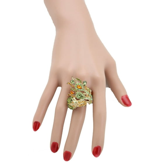 Women Gold Metal Fancy Peacock Fashion Ring Green Feather Fun Attractive Jewelry