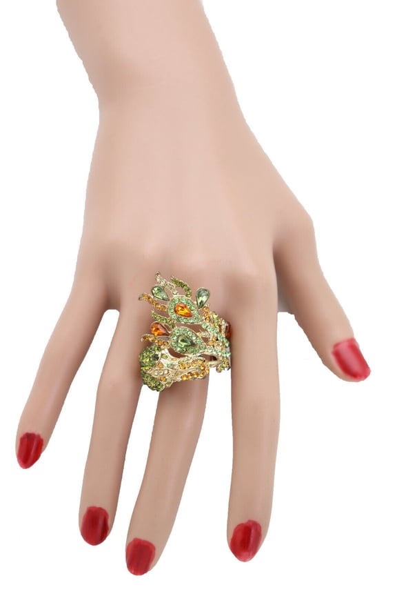 Women Gold Metal Fancy Peacock Fashion Ring Green Feather Fun Attractive Jewelry