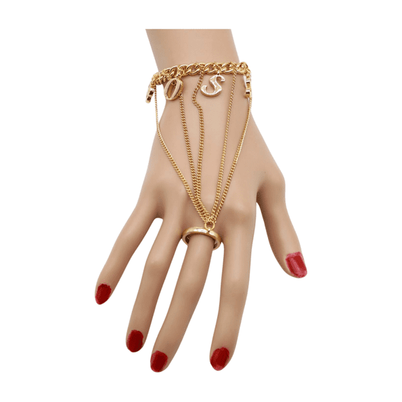 Women Gold Metal Hand Chain BOSS Bracelet Ring Fashion Jewelry