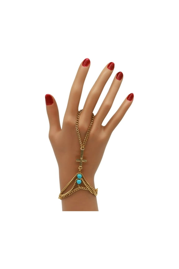 Women Gold Metal Hand Chain Bracelet Cross Charm Turquoise Blue Fashion Jewelry