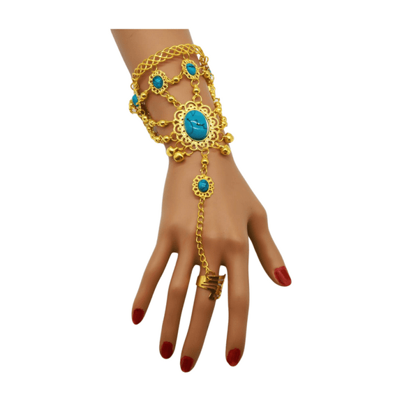 Women Gold Metal Hand Chain Cuff Bracelet Ring Turquoise Blue Beads Bohemian