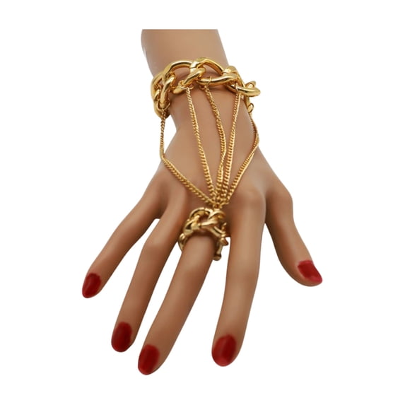 Women Gold Metal Hand Chain Hot Fashion Bracelet Bling Jewelry Chunky Links Ring