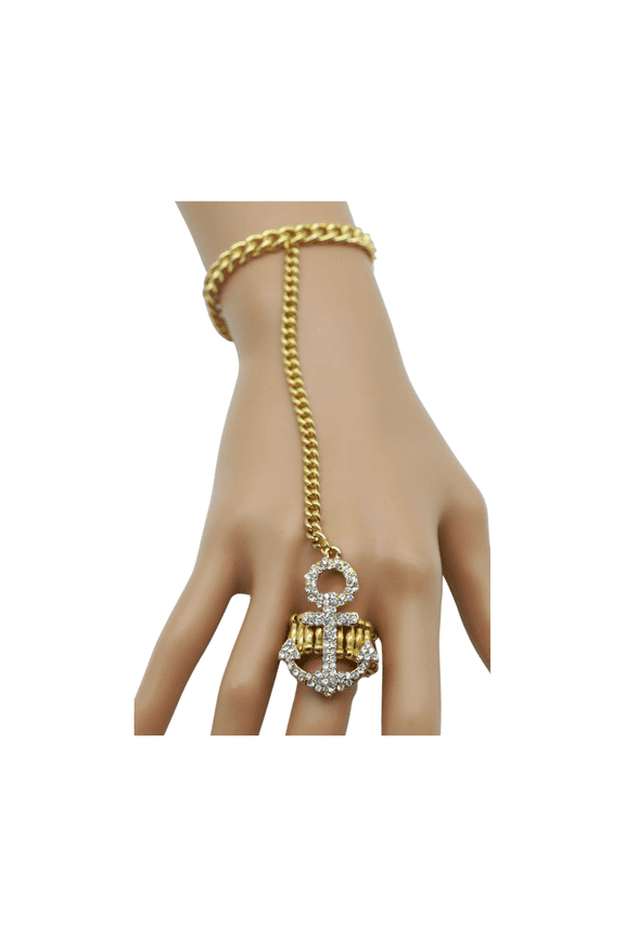 Women Gold Metal Hand Chain Wrist Bracelet Connected Anchor Ring Jewelry