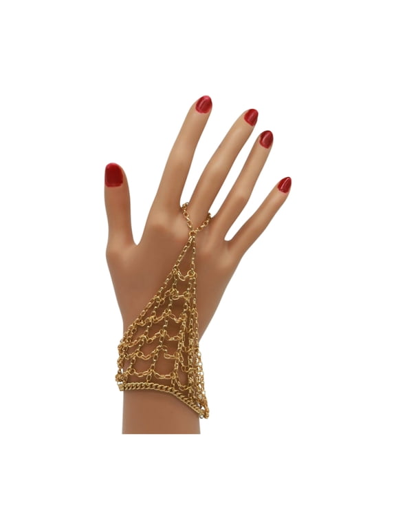 Women Gold Metal Hand Chain Wrist Bracelet Web Net Ring Unique Fashion Jewelry
