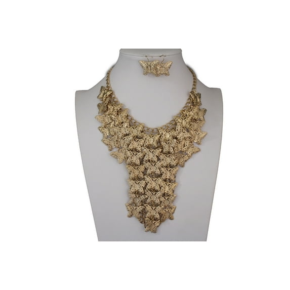 Women Gold Metal Long Necklace Chains Wide Butterfly Fashion Jewelry + Earrings