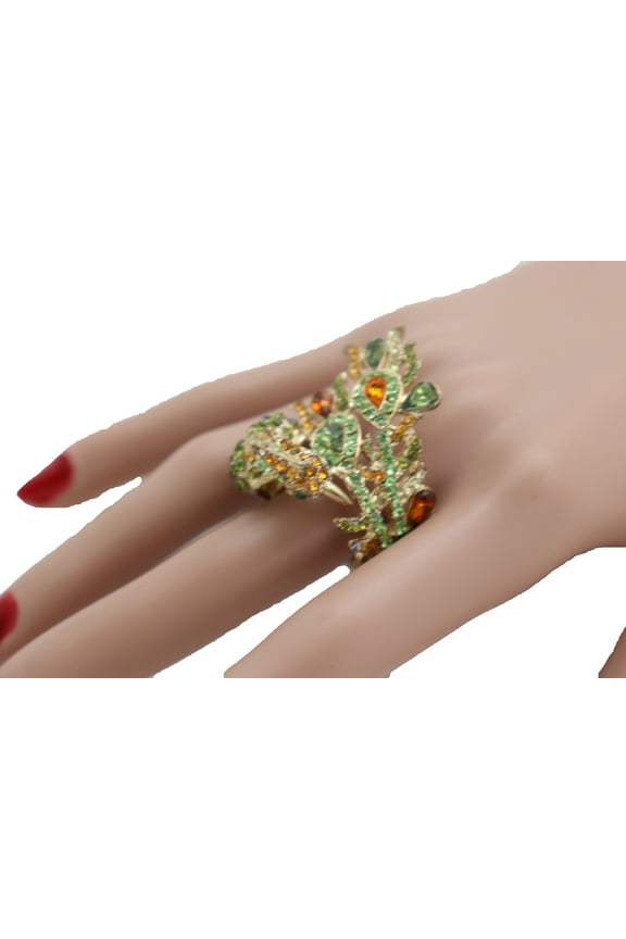 Women Gold Metal Peacock Ring Fashion Jewelry Green Feather