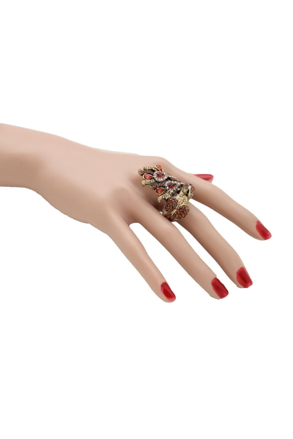 Women Gold Metal Ring Elastic Band Peacock Feather Brown