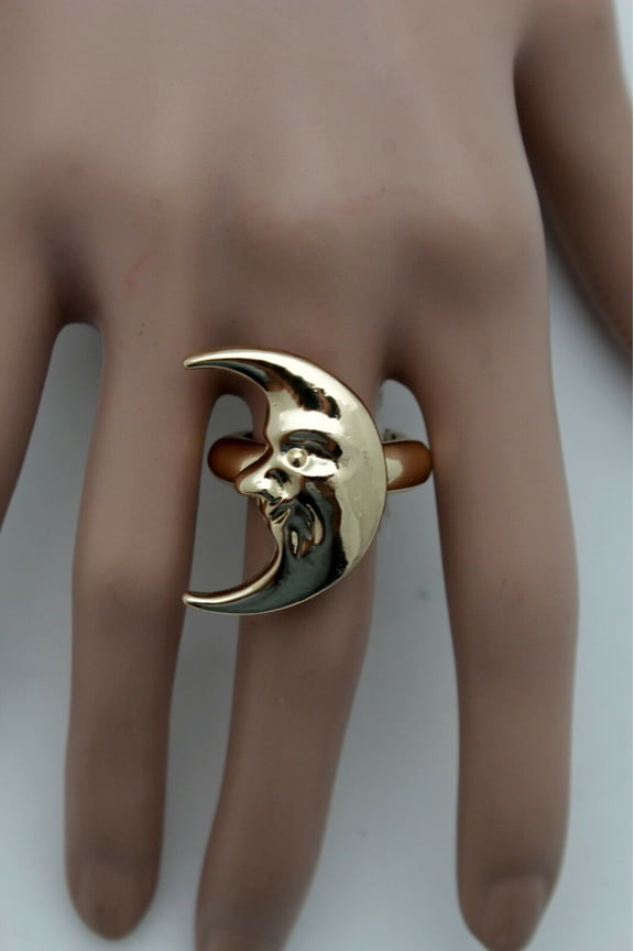 Women Gold Metal Ring Fashion Jewelry Crescent Half Moon Face Smiling