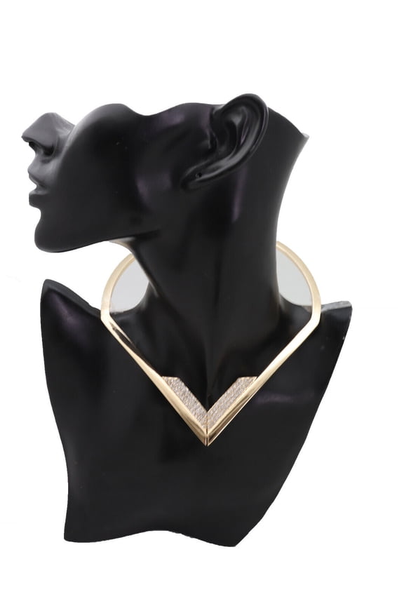 Women Gold Metal Strand Fashion Jewelry Choker Necklace V Shape Dressy Look