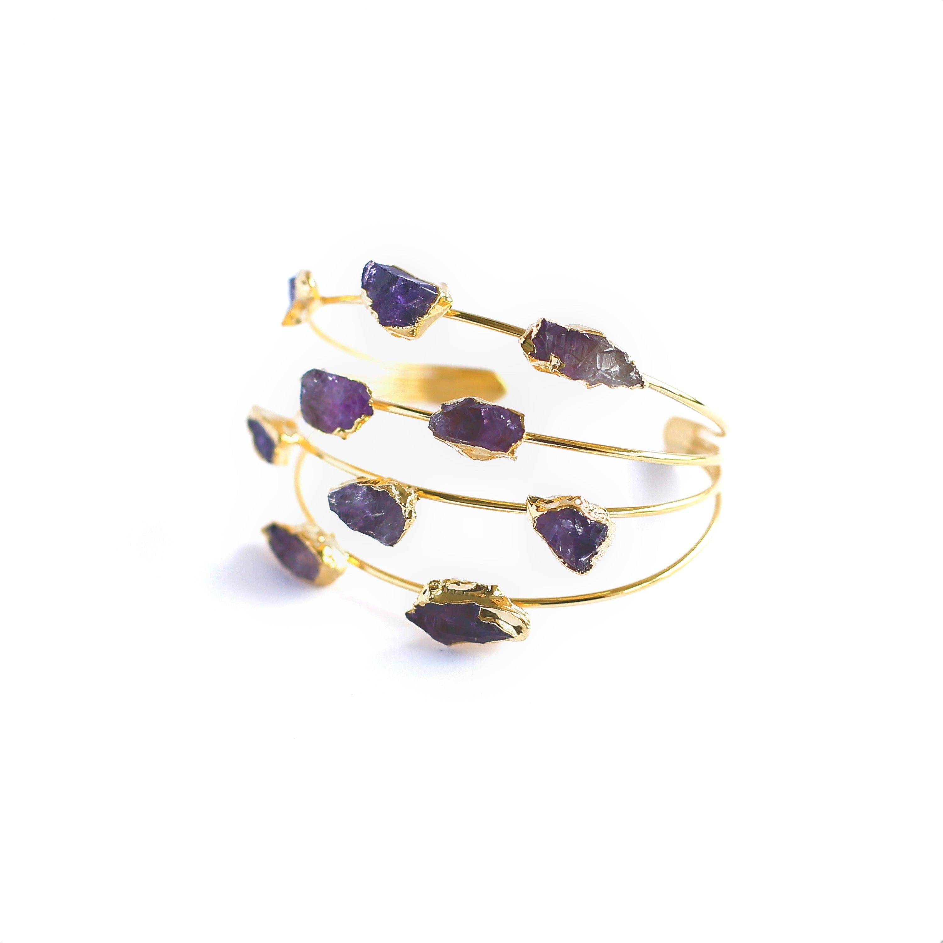 Women GoldPlated Boho Bracelet, Goldtone Cuff with Amethyst, Bohemian