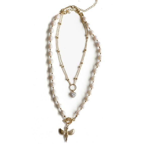 Women Gold-Plated Boho Layered Necklace Set 2Pcs, Chain with Heart Pendant, Ivory Simulated Pearl with Bird Pendant, Bohemian Style Trendy & Adjustable Elegant Fashion Jewelry