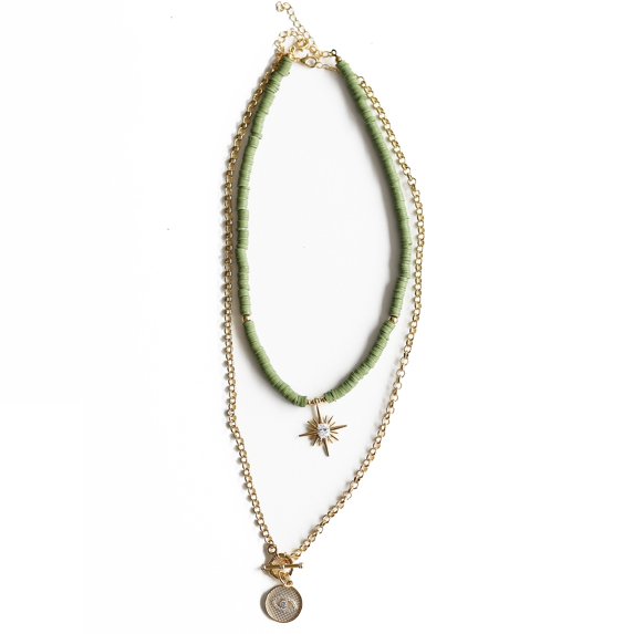 Women Gold-Plated Boho Layered Necklace Set 2Pcs, Green Round Flat Beads with Star Pendant, Chain with Eye Pendant, Bohemian Style Trendy & Adjustable Elegant Fashion Jewelry