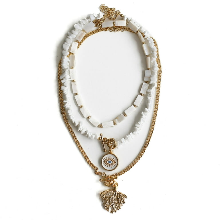 Women Gold-Plated Boho Layered Necklace Set 3Pcs, Mother of Pearl