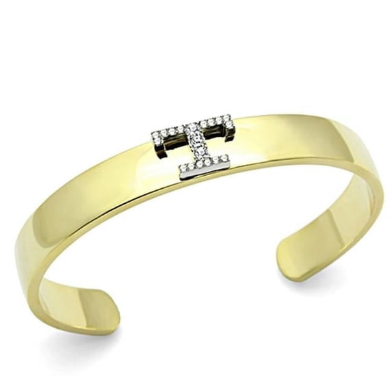 Women Gold & Rhodium White Metal Bangle with Top Grade Crystal in Clear - 6.75 in.