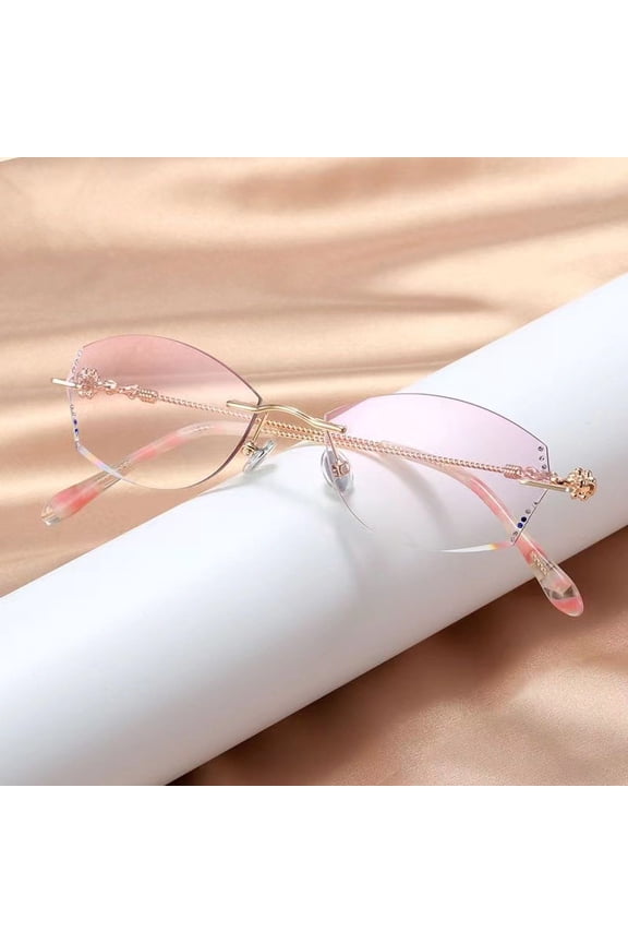 Women Gold Rimless Reading Glasses 2.50 Ladies Gradient Pink Rectangular Readers Metal Reading Sunglasses +2.50 Strength