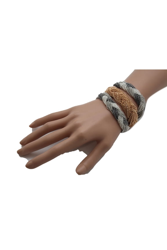 Women Gold Silver Braided Metal Chain Bracelet Fashion Jewelry 3 Tone Row Strand