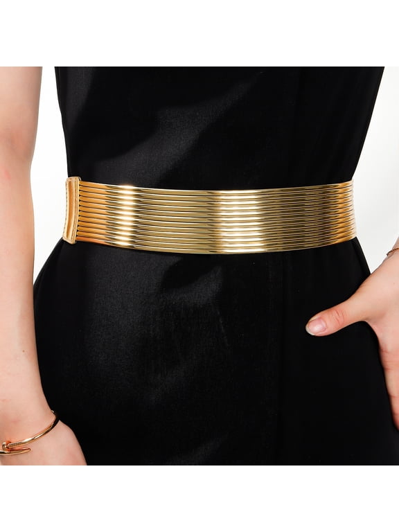 Women GoldTone Metal Strip Wide Elastic Waist Cummerbund, Double Snap Decorative Waist Belt, Stretch Waistband for Dresses, Coats and Formal Outfits, 26 in Length