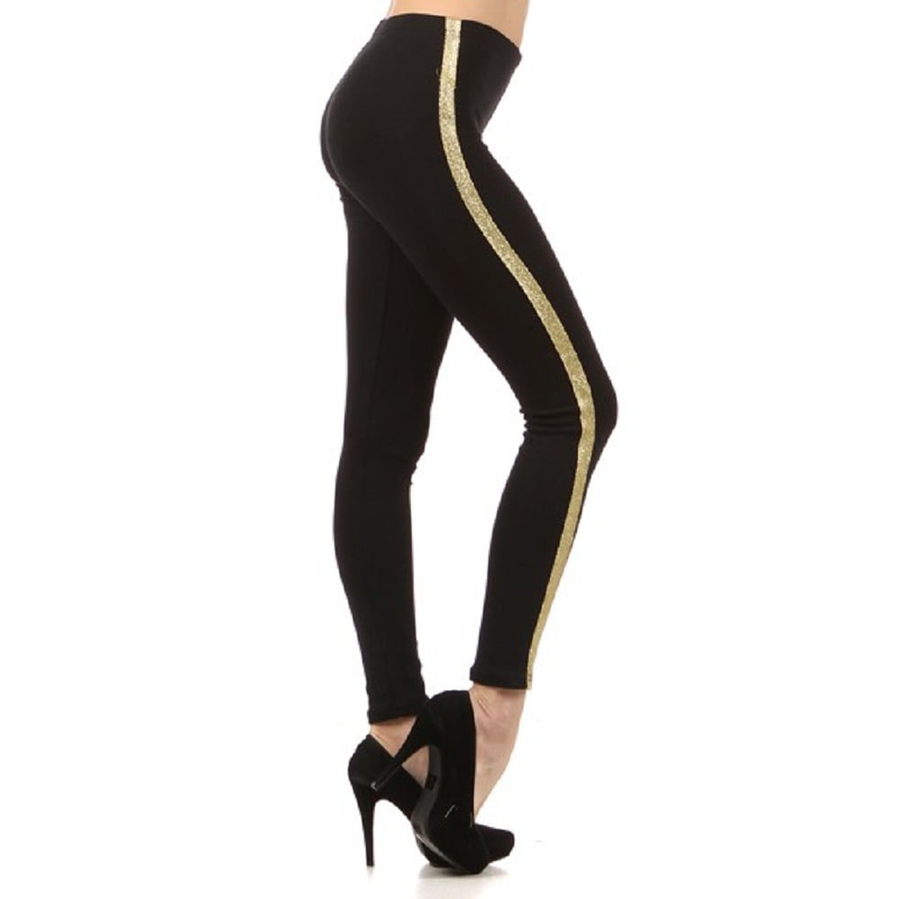 Women Golden lined Leggings Junction Stripe Jegging Yoga Pants, Black