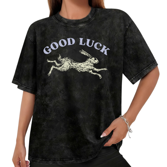 Women Good Luck Cream Rabbit Graphic Washed Tees T Shirt Tops Round Neck Cotton T Shirt Black S-2XL Plus Size