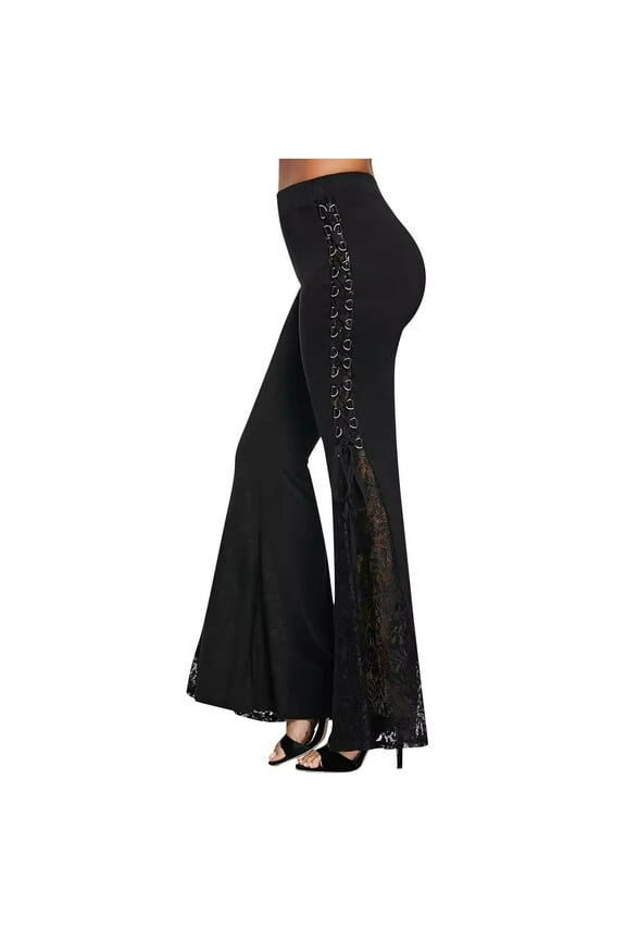 Women Goth Flare Pants Hollow Out Lace High Waist Bell Bottom Trousers Sexy Bandage Streetwear Pants
