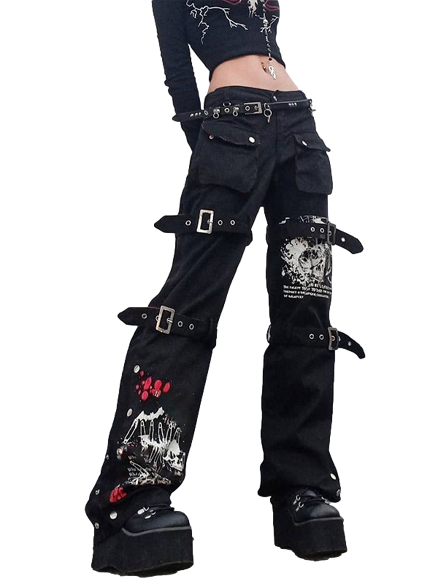 Women Goth Floral Black Jeans 90s Vintage Punk Aesthetic Cargo Pants Low  Waisted Flare Trousers