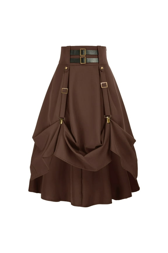 Women Goth Steampunk Skirts High Waist Buckle Gothic Midi A-Line Skirt Darkness Halloween Long Skirt Brown XL